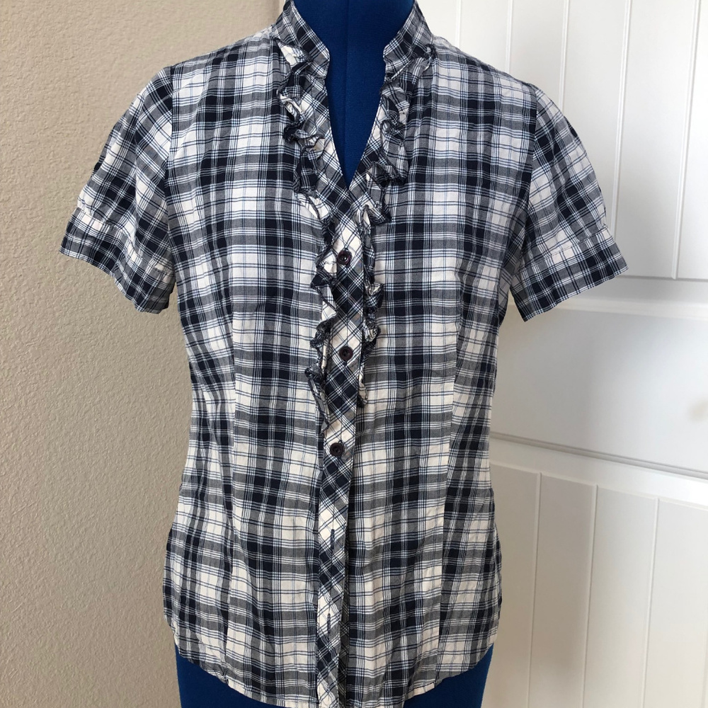 Blue+White Plaid Short Sleeves Top with Ruffle
